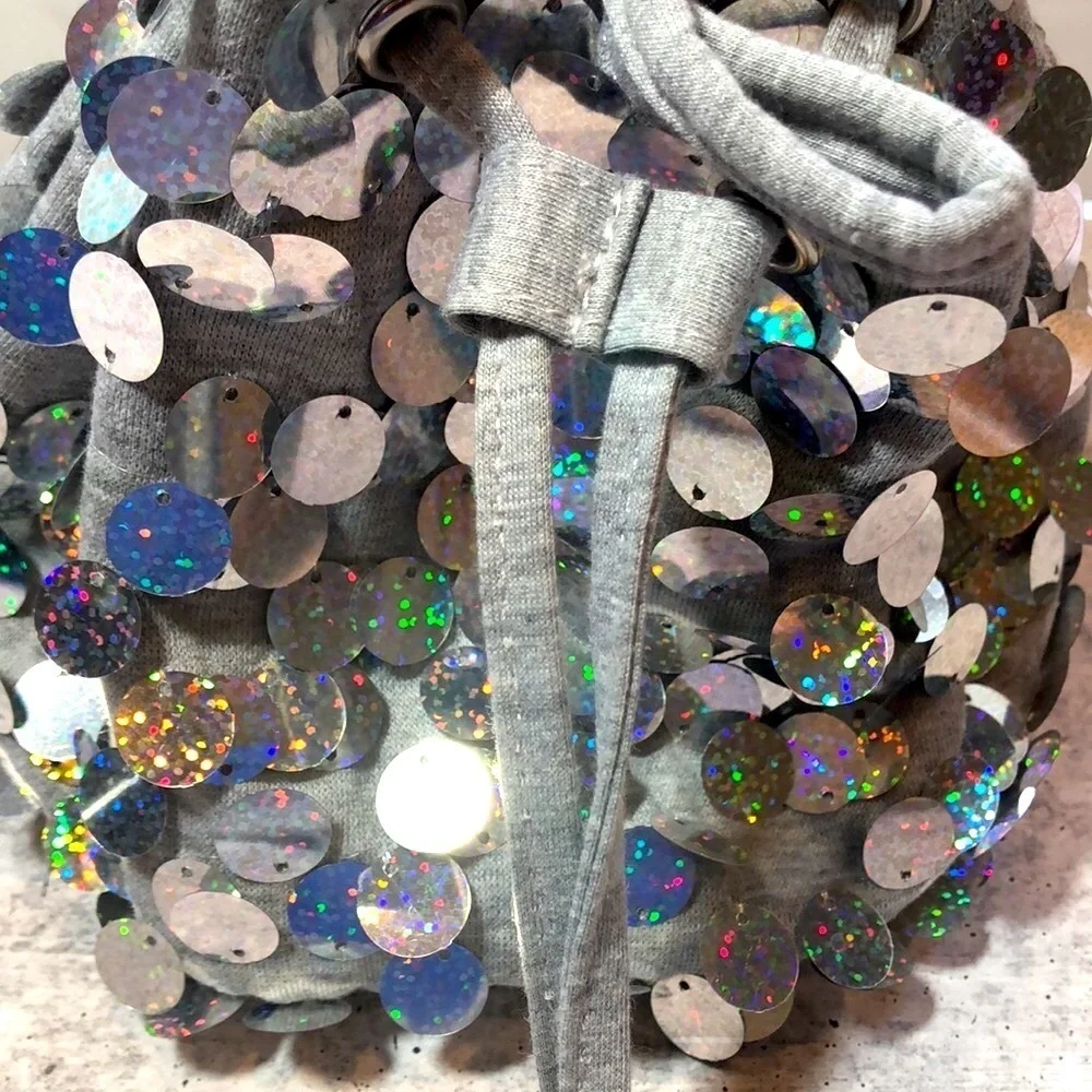 Justice Girls Heather Gray w Silver Sequin Hobo Bag Purse Lined Adjustable Strap